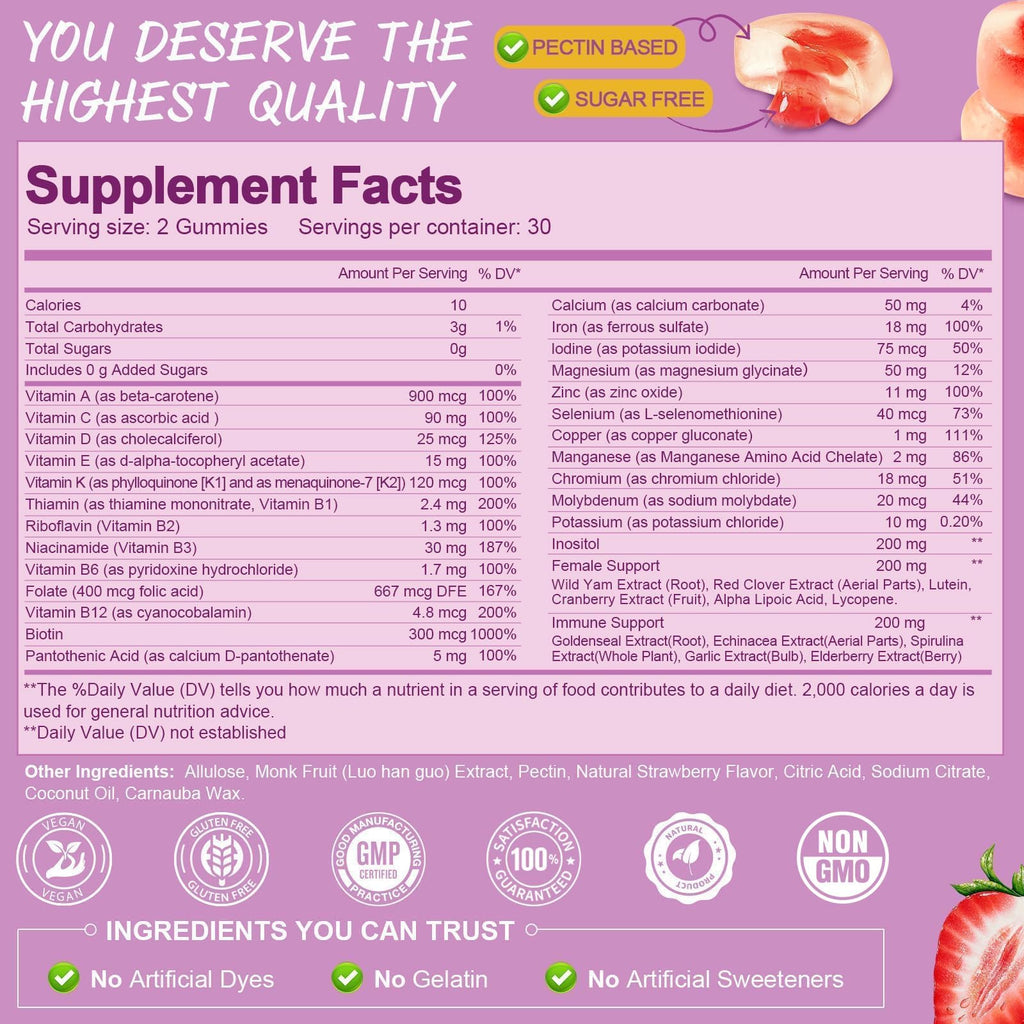 Totaria Sugar Free Multivitamin Gummies for Women 14+ – Iron, Folate, Biotin