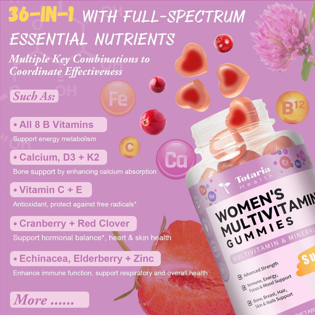 Totaria Sugar Free Multivitamin Gummies for Women 14+ – Iron, Folate, Biotin