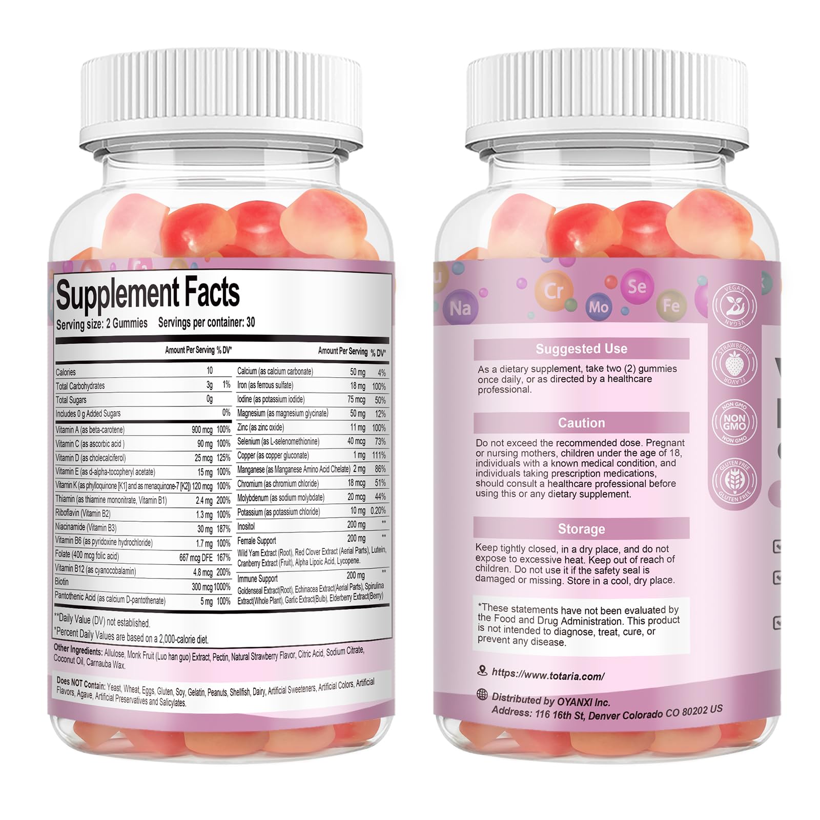 Totaria Sugar Free Multivitamin Gummies for Women 14+ – Iron, Folate, Strawberry