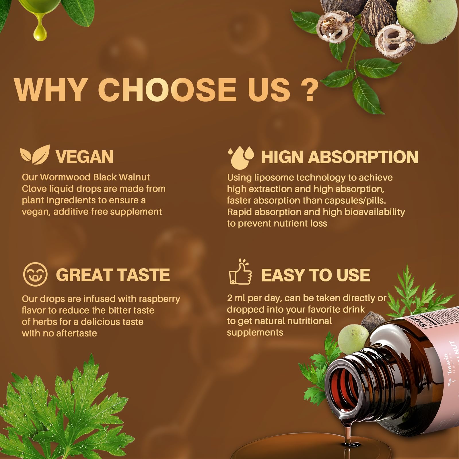 Totaria 2 Pack 20 in 1 Black Walnut Wormwood Tincture – Raspberry Flavor, Alcohol-Free, Digestive Health