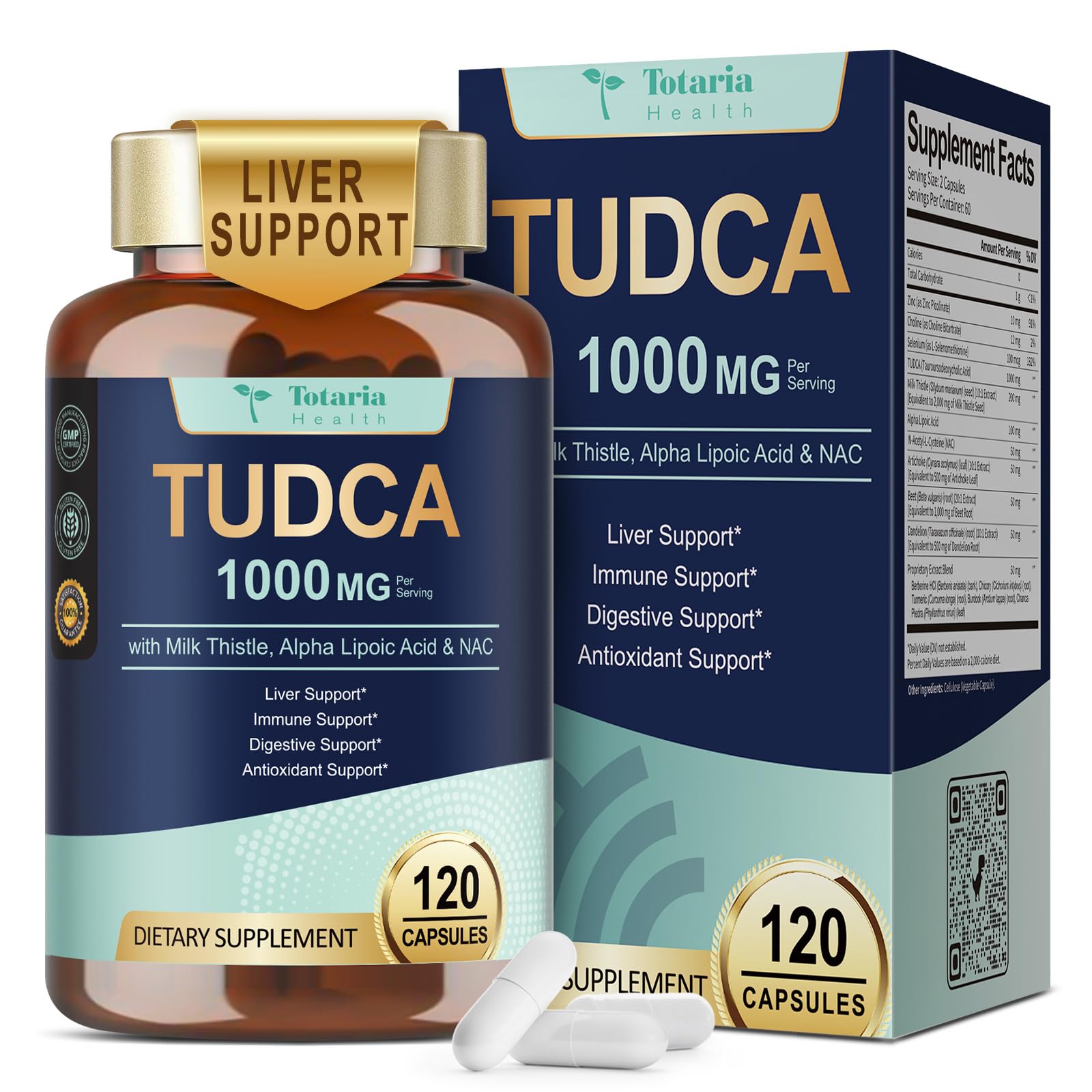 Totaria 15-in-1 TUDCA Liver Support – 1000mg, Milk Thistle & NAC | Vegan 120 Caps