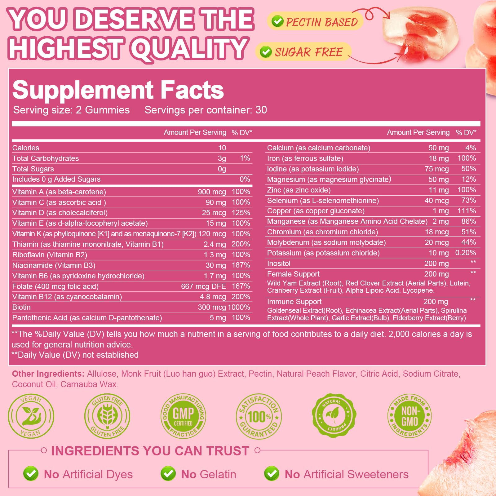 Totaria Sugar Free Multivitamin Gummies for Women 14+ with Iron, Folate, Biotin – Peach Flavor