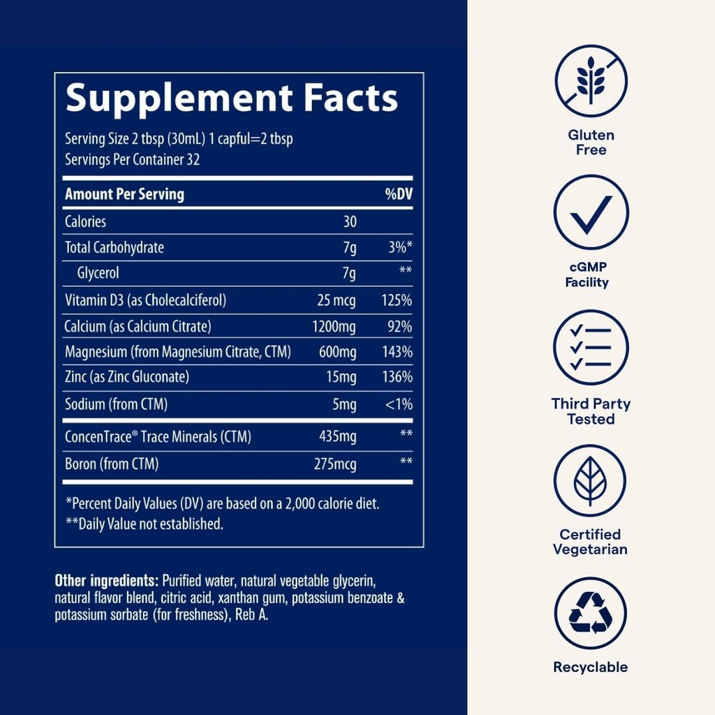 Trace Minerals Cal/Mag/Zinc - Liquid Mineral Supplement for Bone, Muscle & Cellular Health | Gluten-Free | 30 Fl Oz (32 Servings) - Natural Strawberry