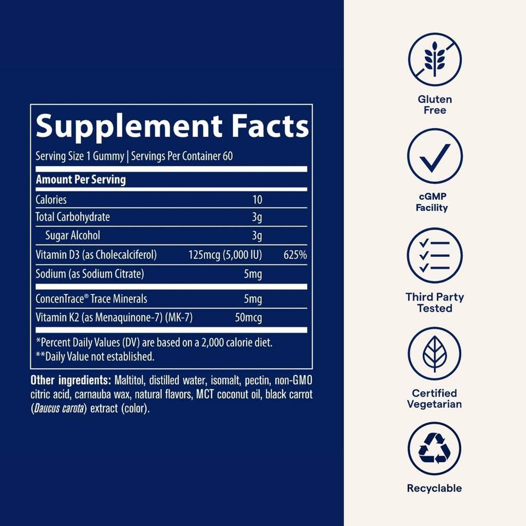 Trace Minerals Vitamin D3 + K2 Gummies | 5,000 IU D3 + 50 mcg K2 | Vegan, Sugar Free, Gluten Free | 60 Servings (Pack of 2)