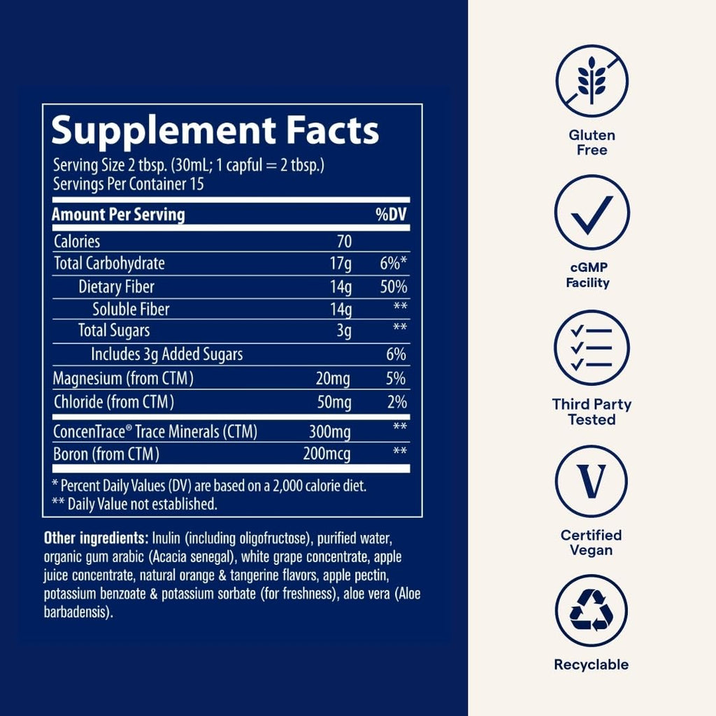 Trace Minerals Fiber 14g - Digestive Health & Colon Support | Gluten-Free, Vegan, Orange Tangerine Flavor | 15 fl oz