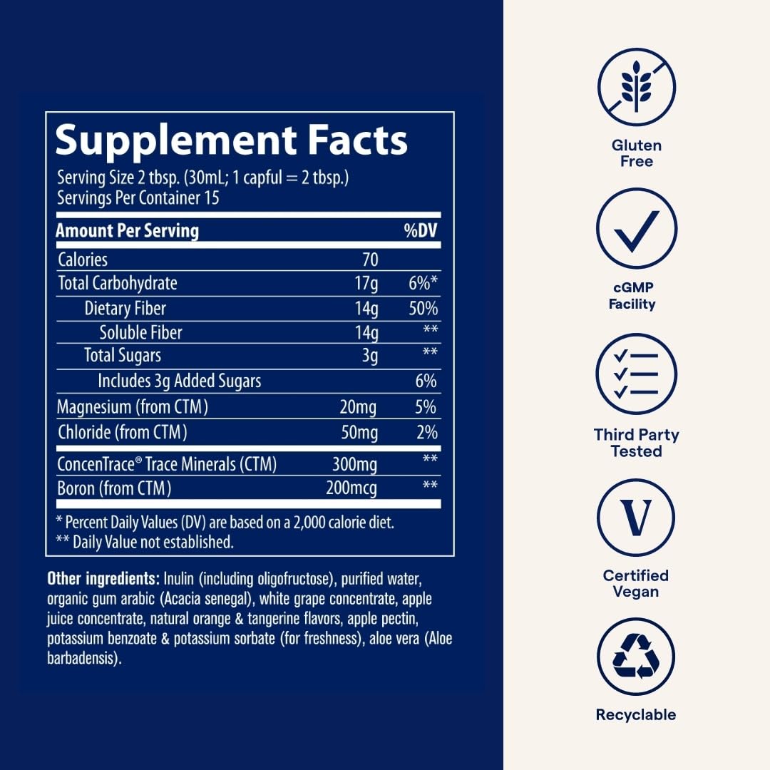 Trace Minerals Fiber 14g - Digestive Health & Colon Support | Gluten-Free, Vegan, Orange Tangerine Flavor | 15 fl oz