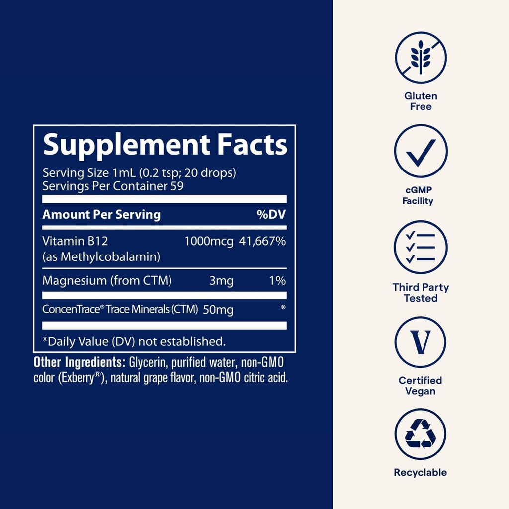 Trace Minerals Ionic B12 – Liquid Vitamin for Nerve & Hormone Health | 2 fl oz