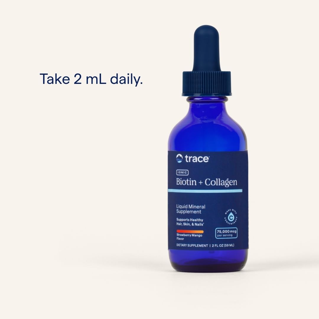Trace Minerals Ionic Biotin + Collagen - Liquid Hair & Nails Support (Strawberry Mango, 2 oz)