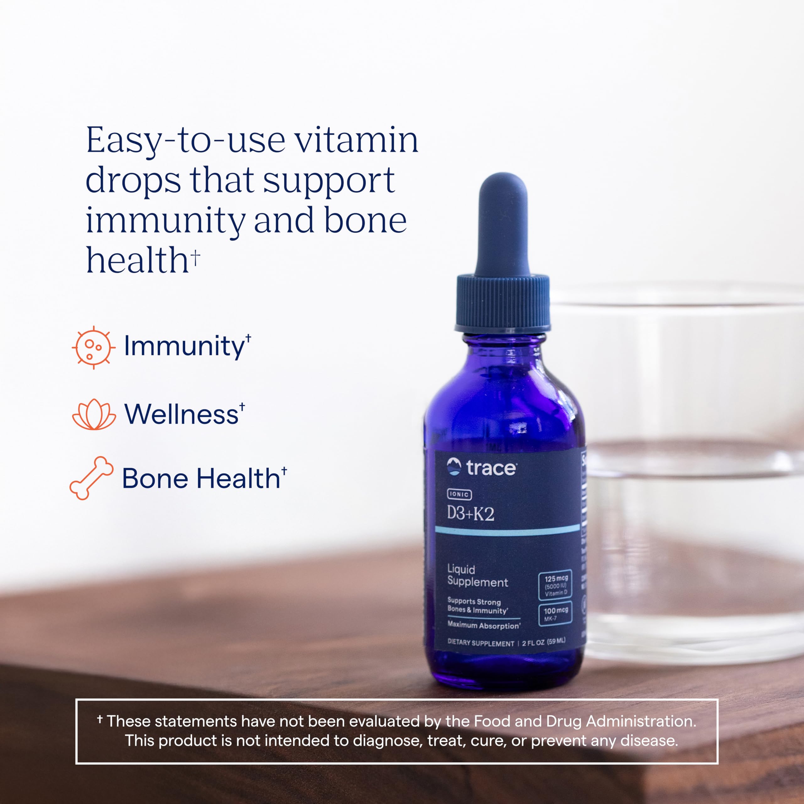 Trace Minerals Ionic D3+K2 Liquid Multivitamin - Bone & Heart Health, Calcium Support - 2 fl oz