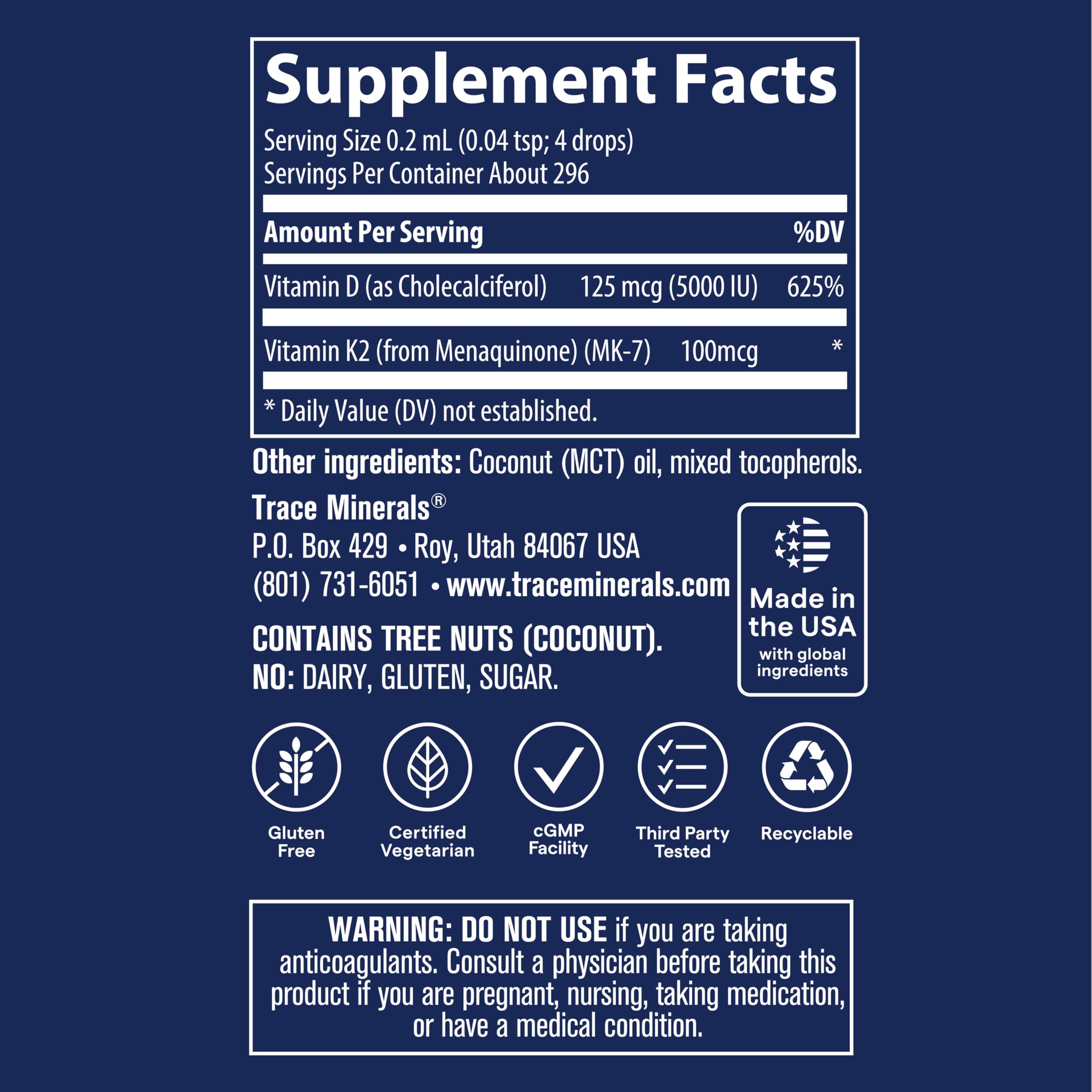 Trace Minerals Ionic D3+K2 Liquid Multivitamin - Bone & Heart Health, Calcium Support - 2 fl oz