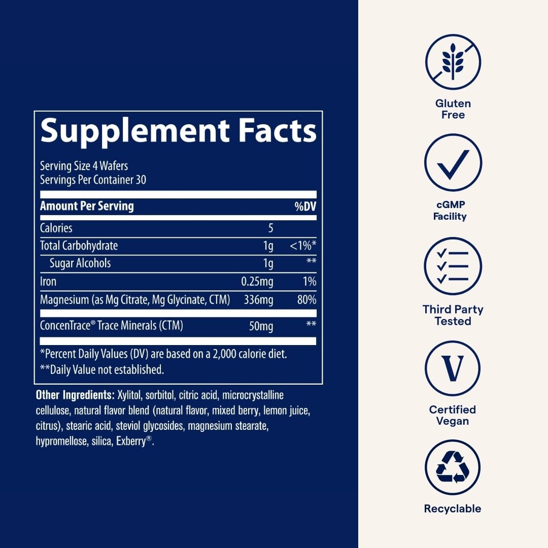 Trace Minerals Magnesium Chewable 336mg - Bone & Heart Health Support - Raspberry Lemon, 120 Wafers (30 Servings)