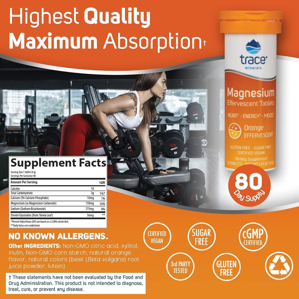 Trace Minerals Magnesium Effervescent – Supports Cardiovascular Health, Bone & Circulation – Orange, 8 Tubes (80 Servings)