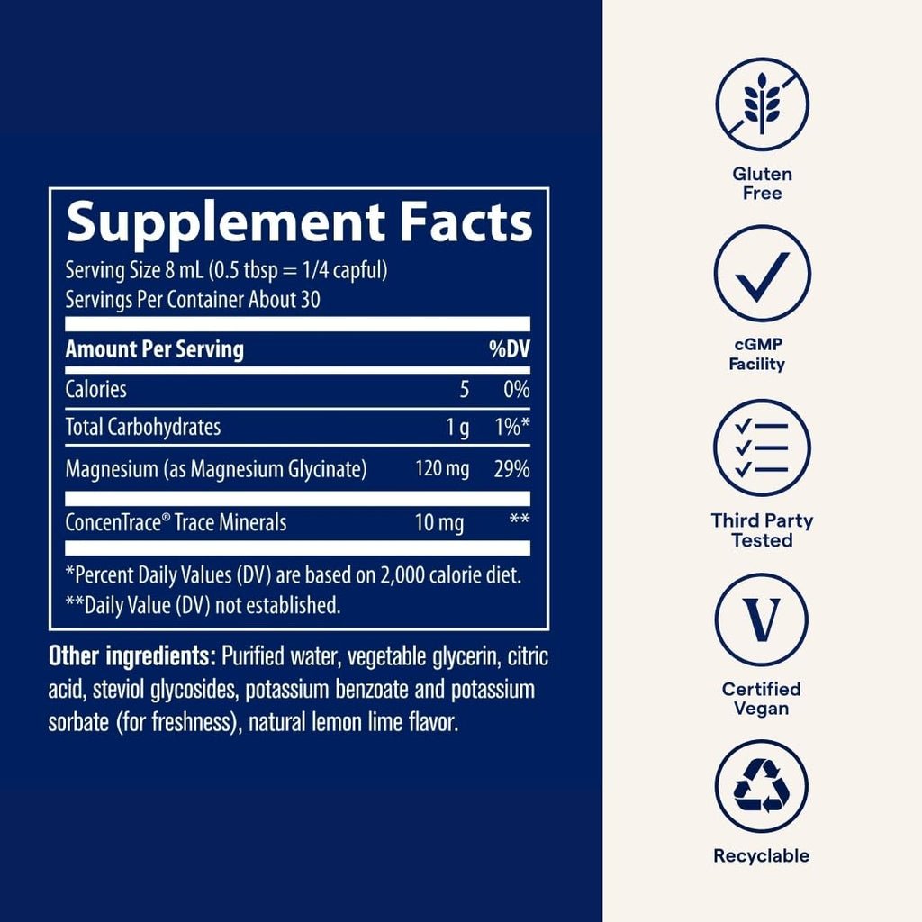 Trace Minerals Magnesium Glycinate Liquid Supplement – 8 fl oz (30 Servings) – Lemon Lime Flavor – For Men, Women & Teens