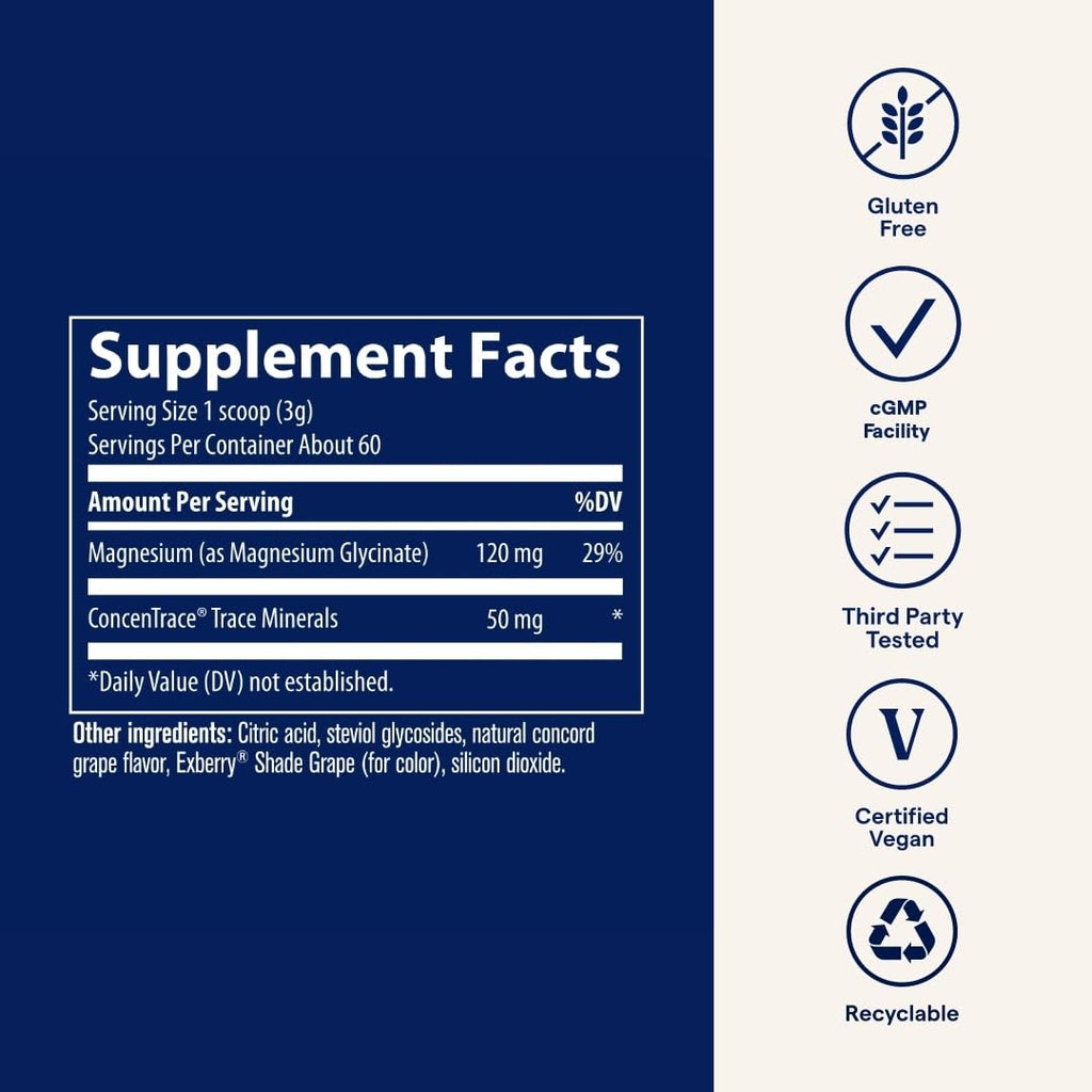 Trace Minerals Magnesium Glycinate Powder – Daily Magnesium for Sleep Support | Calming Bedtime Drink (Grape, 180g, 60 Servings)