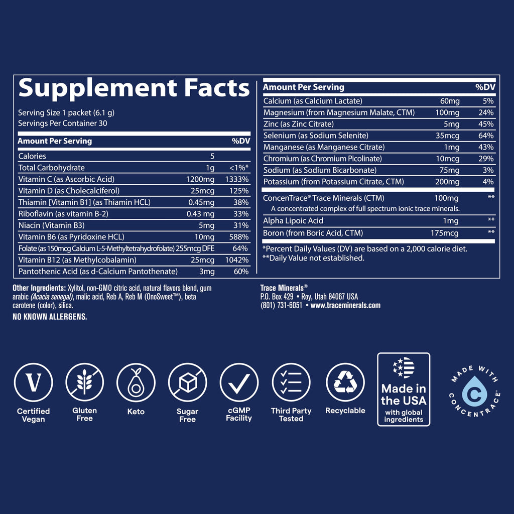 Trace Minerals Power Pak: 1200 mg Vitamin C + 70+ Trace Minerals – Sugar Free Citrus – 30 Packets