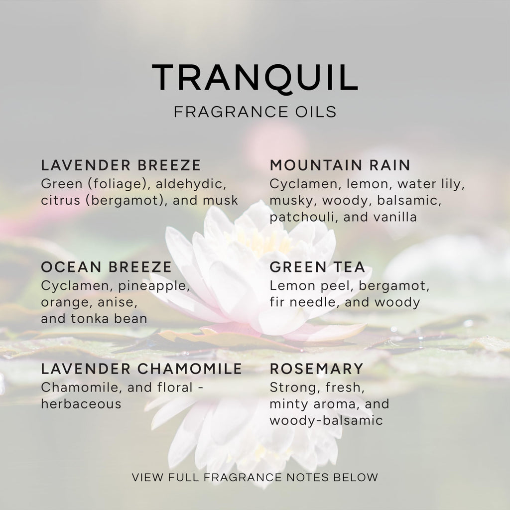 Tranquil Set of 6 Premium Fragrance Oils (10ml) – Lavender Breeze, Mountain Rain, Ocean Breeze, Lavender Chamomile, Green Tea, Rosemary