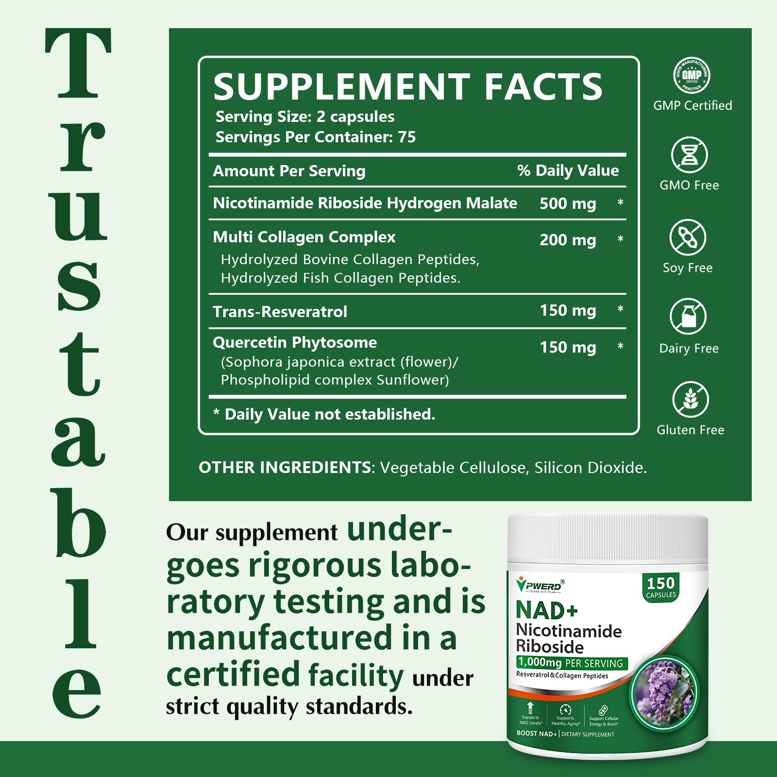150 Caps NAD+ Trans-Resveratrol 1000mg – Pure Organic Liposomal NAD+ with Nicotinamide Riboside & Resveratrol for Women | Pwerd