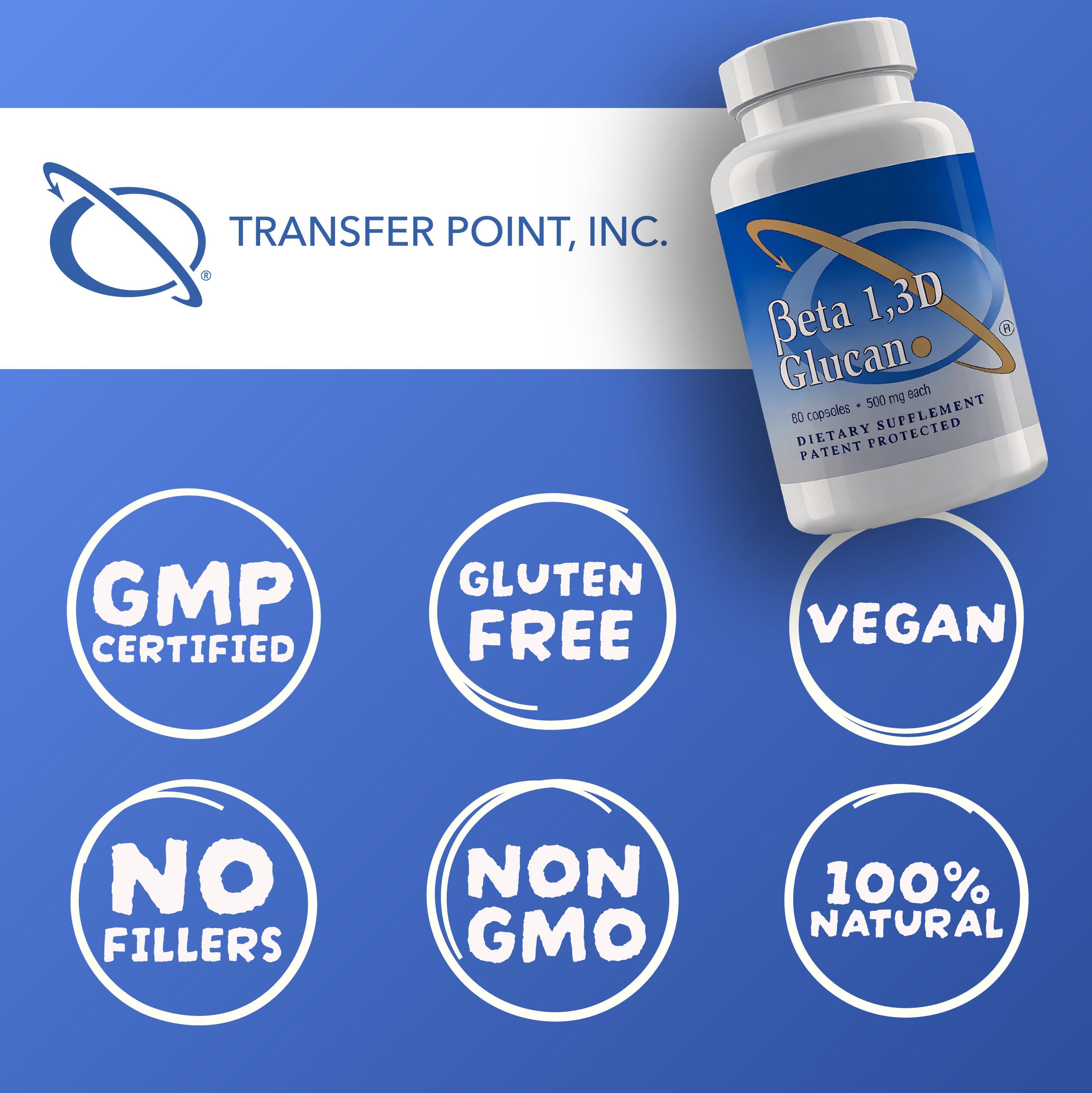 Transfer Point Immune Support: Highly Purified Beta 1,3D Glucan 500 mg Capsules (Pack of 2)