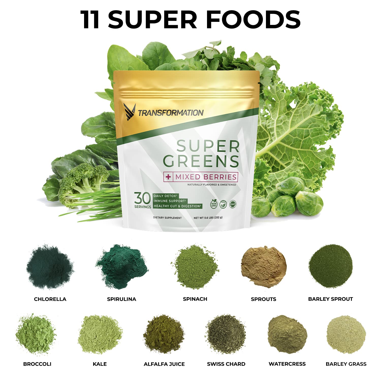 Transformation Super Greens – Immune & Energy Support Green Juice Powder with Spirulina & Chlorella