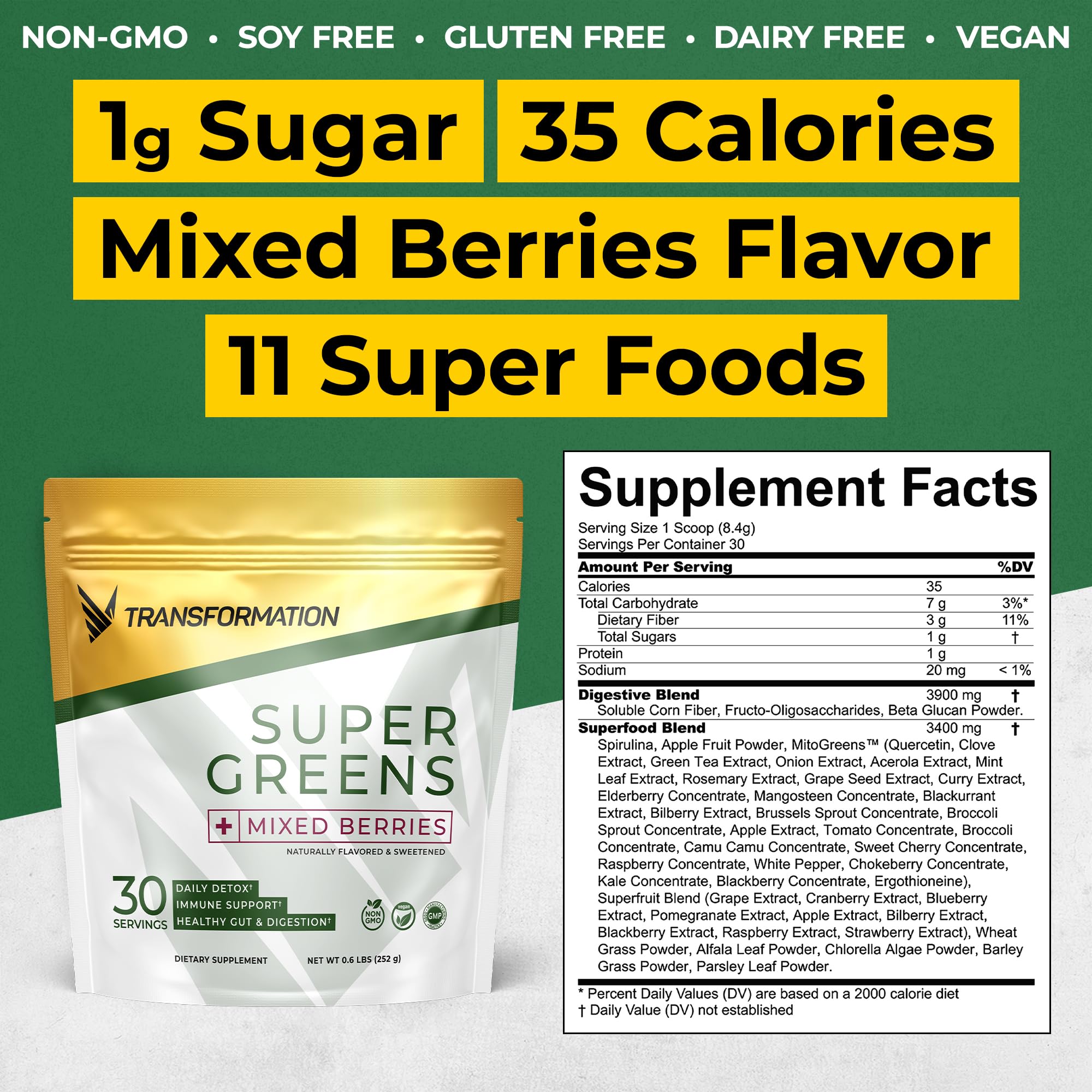 Transformation Super Greens – Immune & Energy Support Green Juice Powder with Spirulina & Chlorella