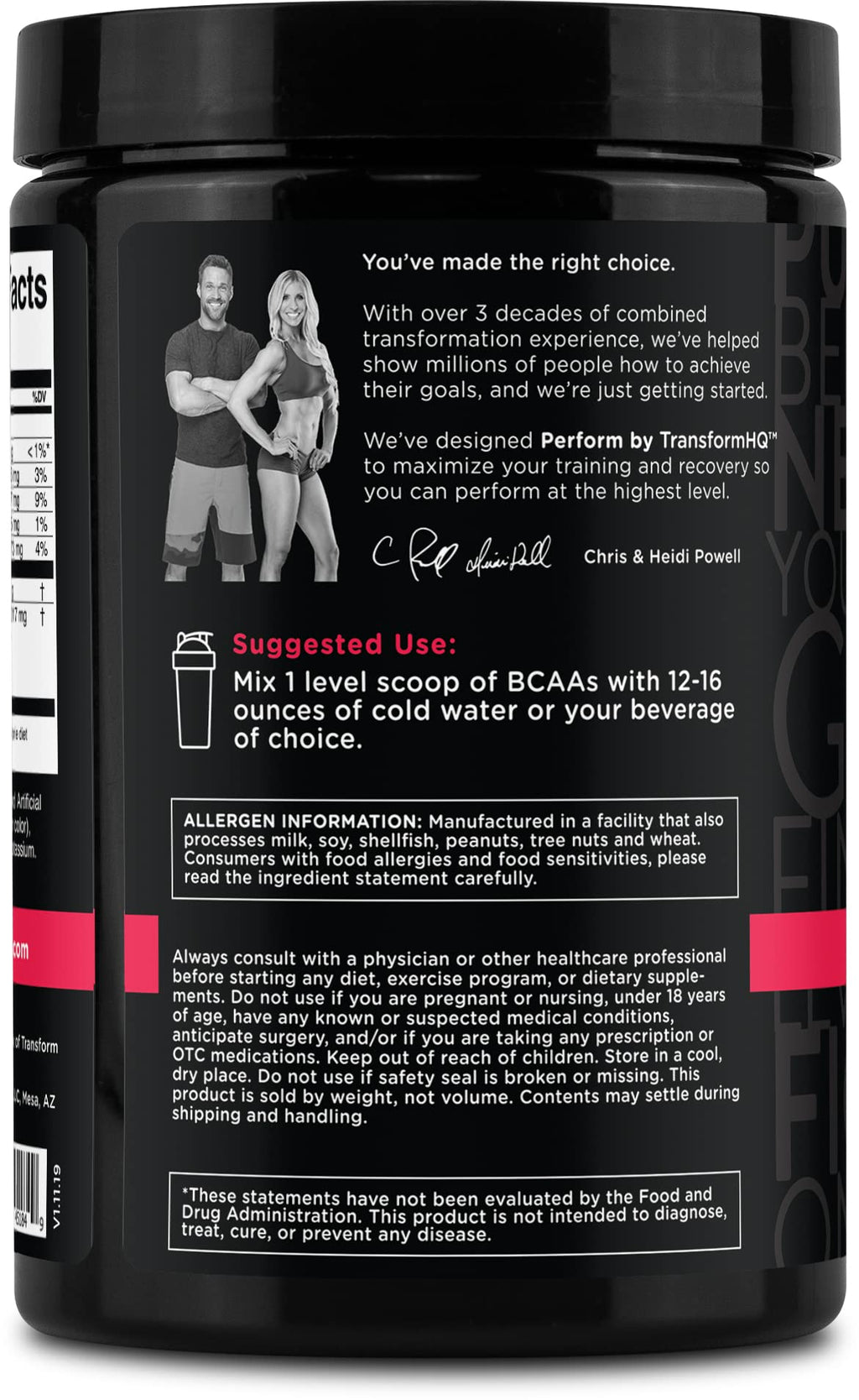 TransformHQ BCAA 2:1:1 Powder - Raspberry Lemonade, 28 Servings | Gluten Free, Non-GMO