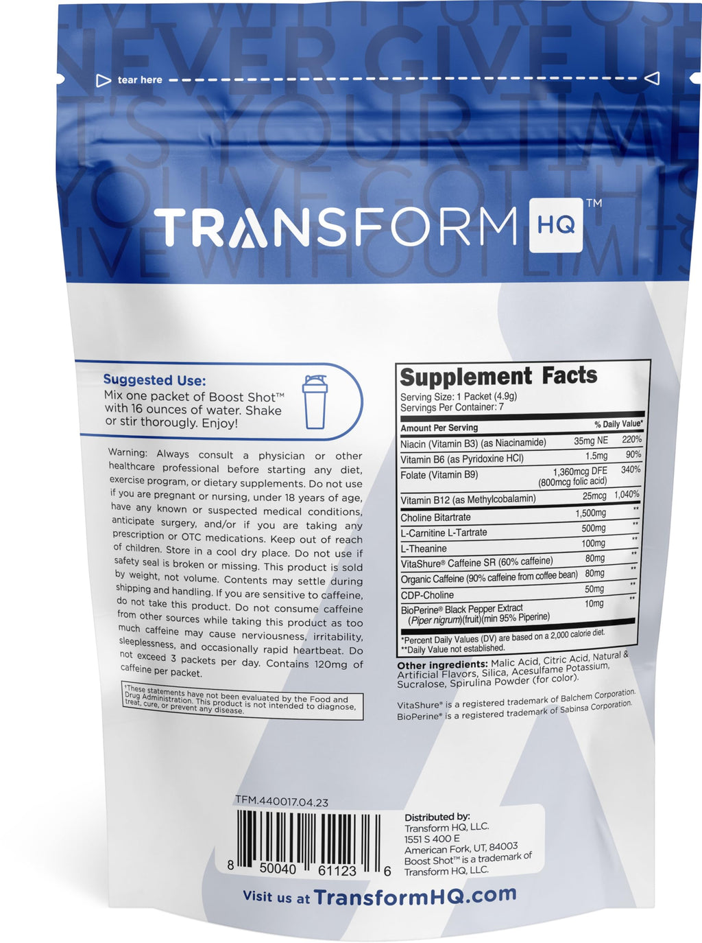 TransformHQ Boost Shot Powder Packets – Blue Raspberry, 7-Pack for Energy