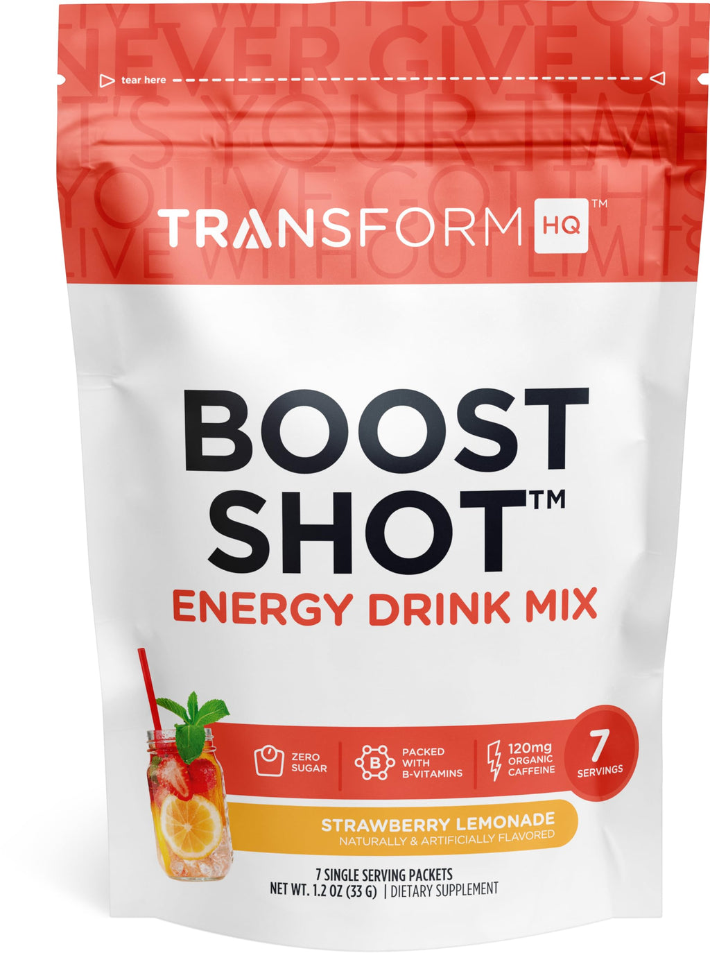 TransformHQ Boost Shot Powder Drink Sticks - Strawberry Lemonade, 7 Pack | Caffeine & B Vitamins
