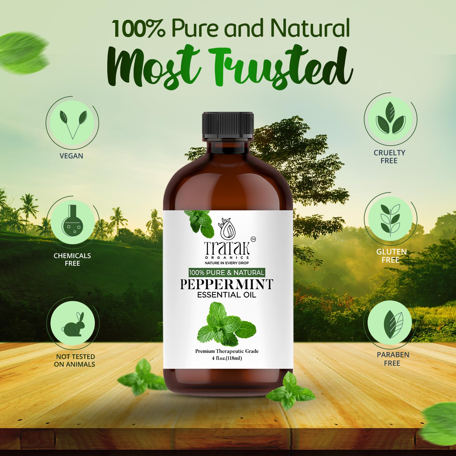 Tratak Organics Peppermint Piperita Essential Oil – 4 Oz | 100% Natural, Pure Peppermint Oil for Diffuser, Hair & Skin Care, Aromatherapy