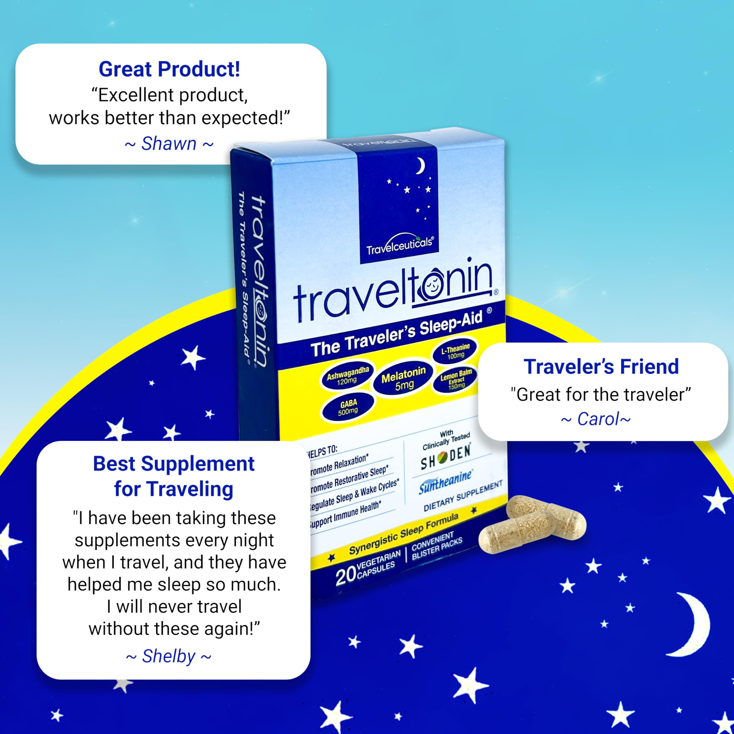 Travel Sleep Aid - Jet Lag Relief, Restorative Sleep & Immune Support | 5-in-1 Melatonin, Ashwagandha, L-Theanine, GABA, Lemon Balm | 20 Capsules