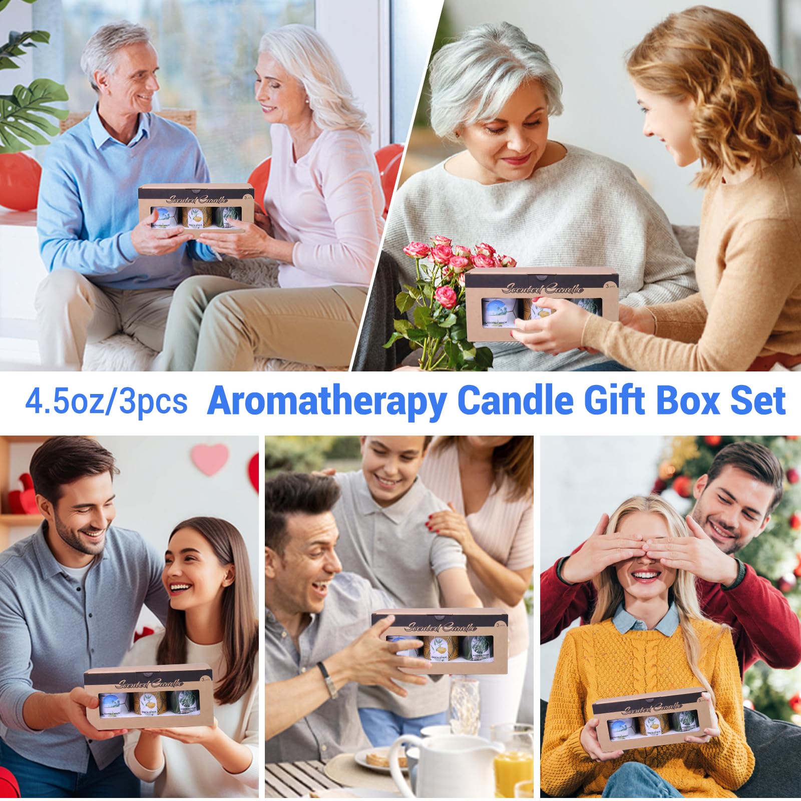 Sage & Citrus, Coconut Beach, Balsam & Cedar 3-Pack Aromatherapy Candle Sets | 8% Essential Oil, 75H Long Burning Soy Wax Scented Candle for Relaxation, Sleep Smoke-Free | Gift for Women and Men