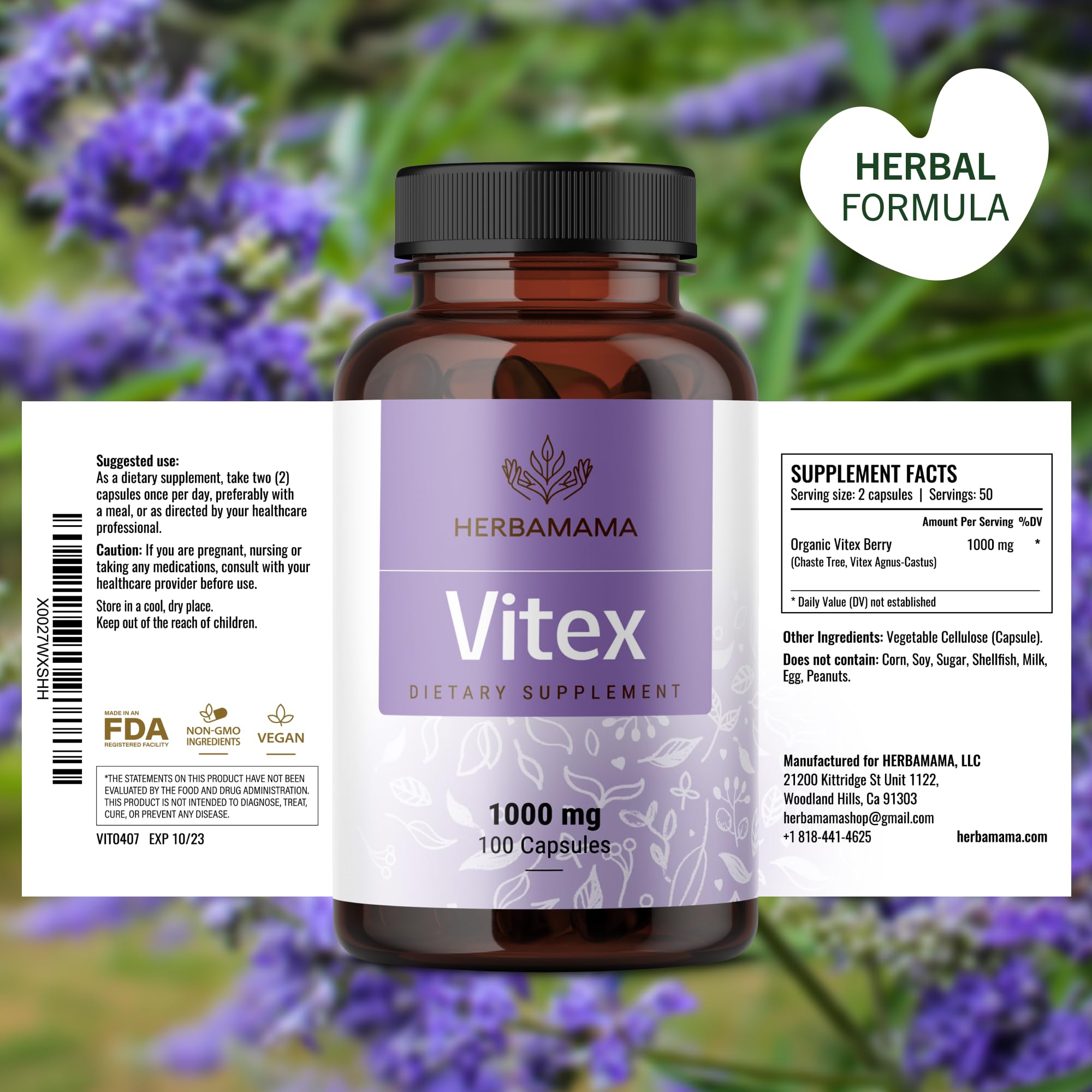 HERBAMAMA Vitex Berry Capsules – 1000mg Vitex Chasteberry for Menopause Support* – Vegan, Non-GMO – 50-Day Supply