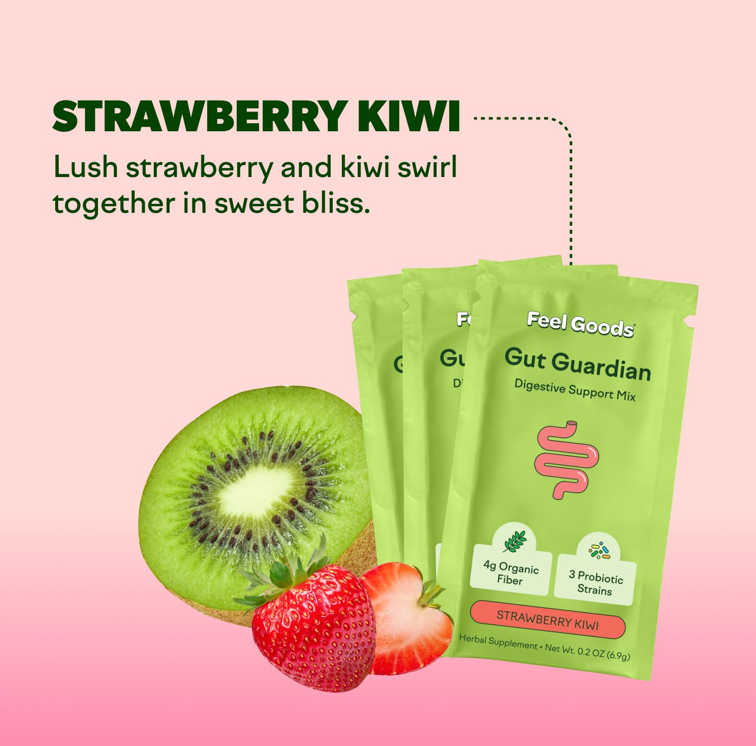 Feel Goods Gut Guardian Organic Fiber, Probiotic & Prebiotic Powder - Sugar Free, Vegan (Strawberry Kiwi) - 15 Count
