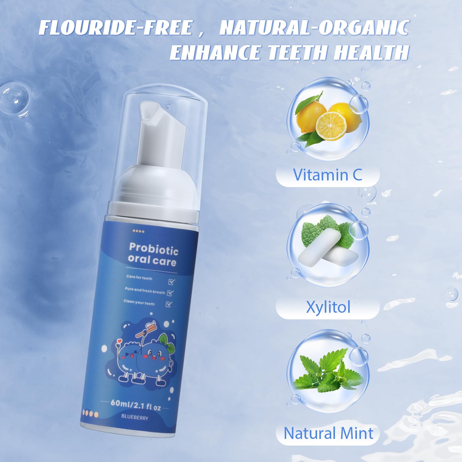 Kids Fluoride-Free Foam Toothpaste for Toddlers – Blueberry Mint Foam, Natural Toothpaste, Travel Size for U-Shaped Toothbrush