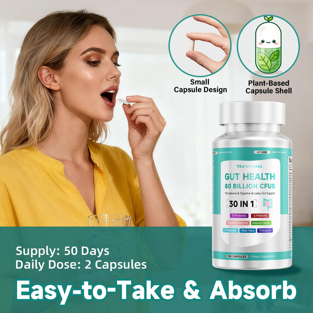 Trawecual Gut Health Capsule – 80B CFU Probiotics, Prebiotics & Enzymes, 30-in-1, 100 Capsules