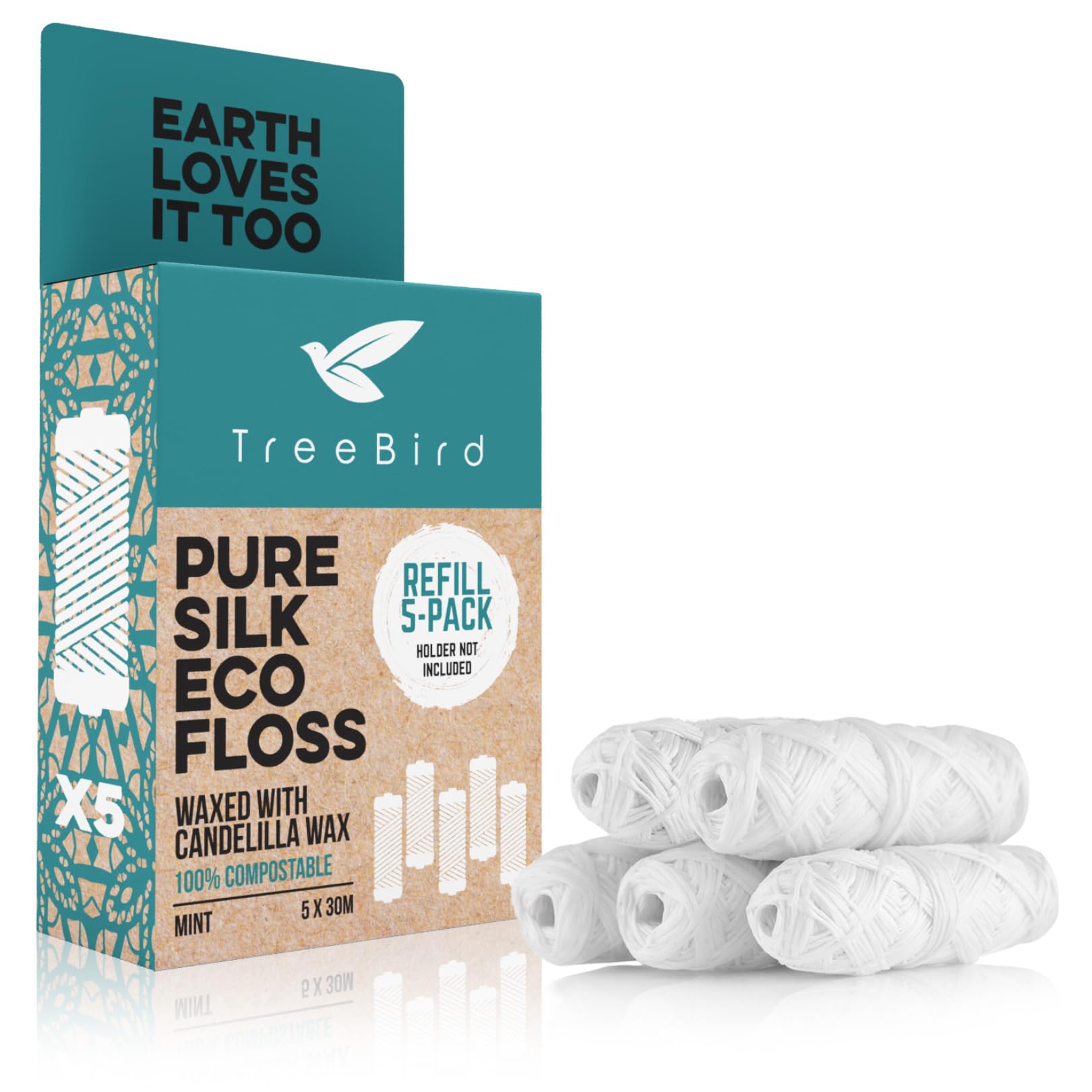 TreeBird Pure Silk Eco Floss Refills – Mint, 5×33 yd Spools
