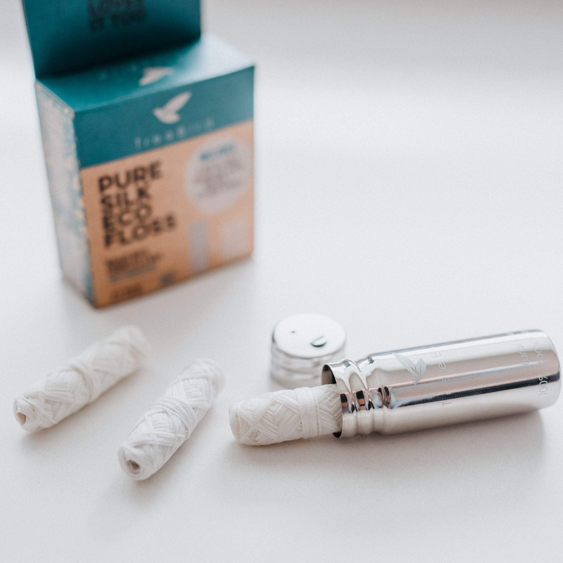 TreeBird Pure Silk Eco Floss Kit - Refillable Stainless Steel Dispenser + 3×33 yd Mint Silk Refills