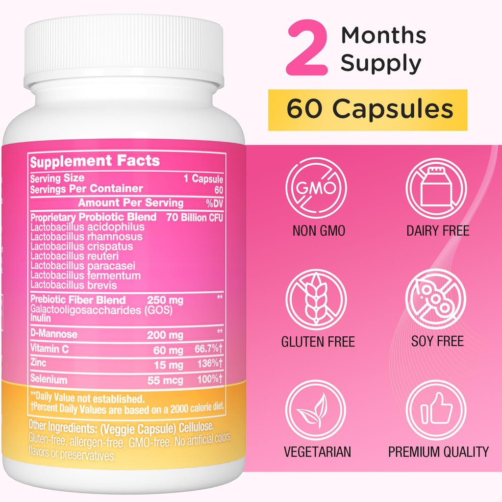 Trehealtt 70 Billion CFUs Vaginal Probiotics – 60 Days Supply, pH Balance, D-Mannose, GMO-Free