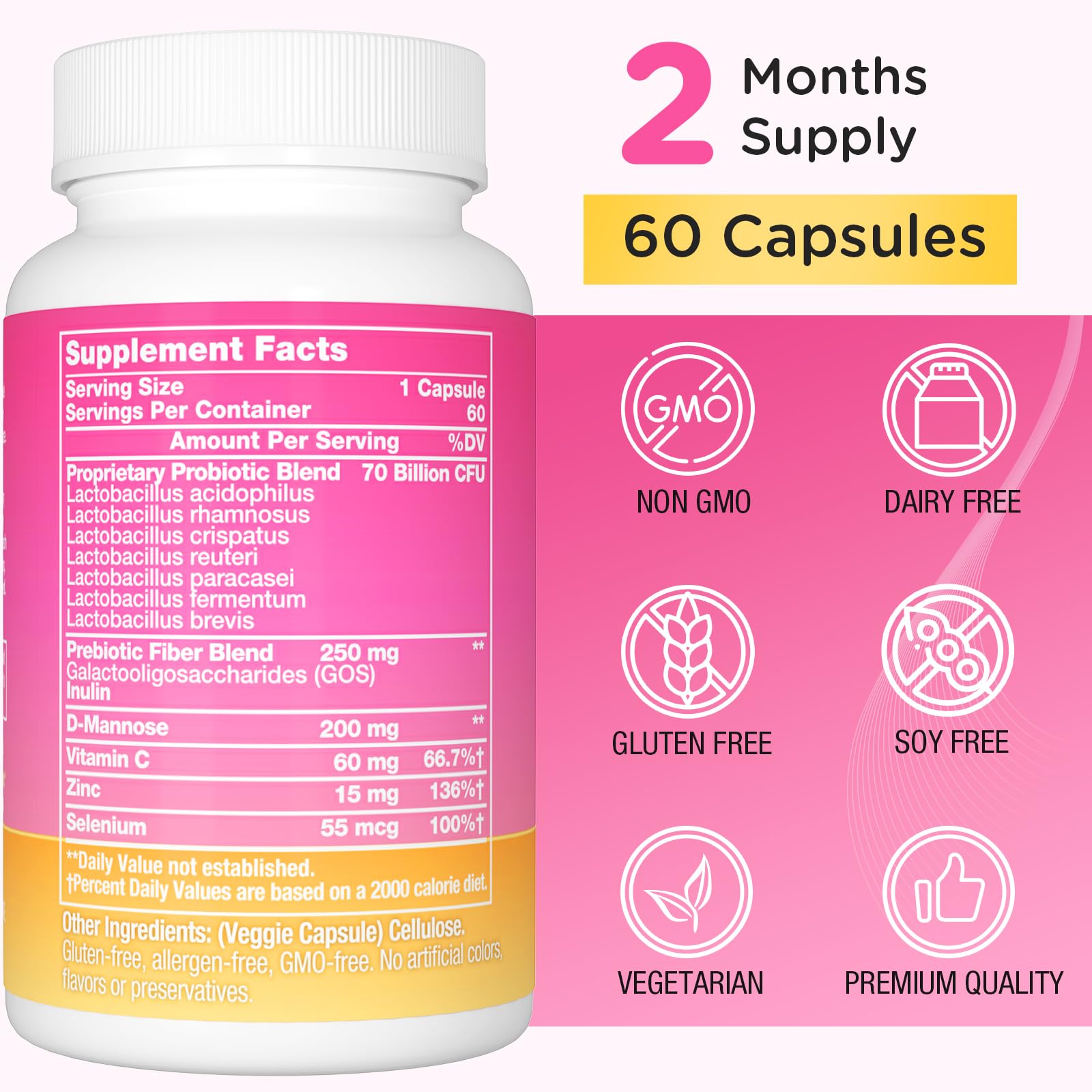 Trehealtt 70 Billion CFUs Vaginal Probiotics – 60 Days Supply, pH Balance, D-Mannose, GMO-Free