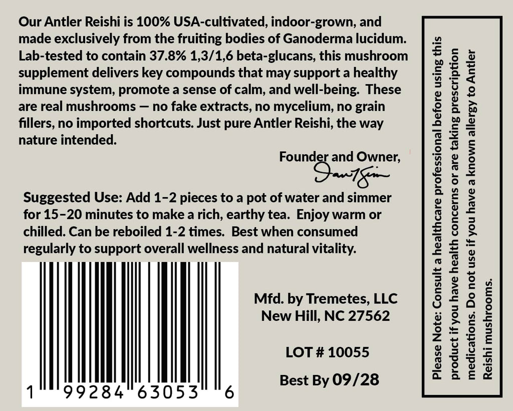 Tremetes Antler Reishi Mushroom – 37.8% Beta-Glucans | Tea Slices in Amber Jar