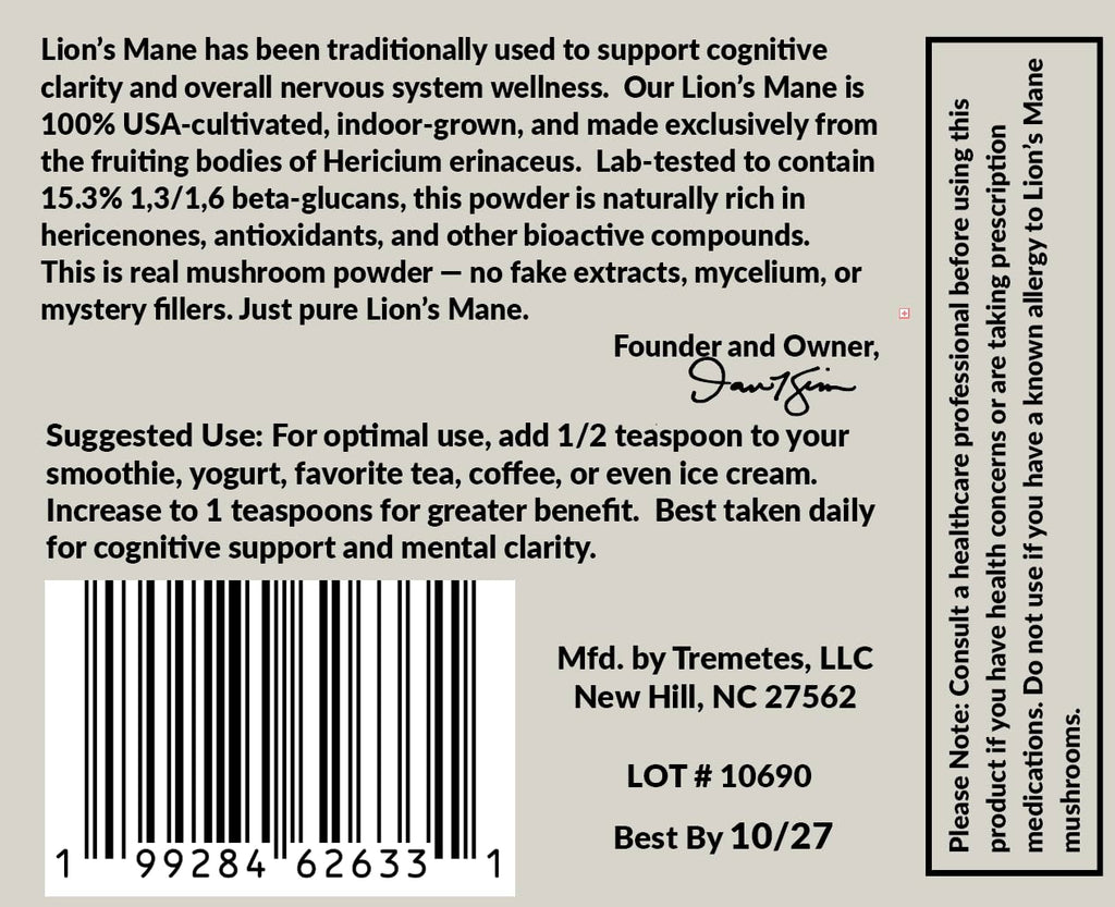 Tremetes Lion’s Mane Mushroom Powder – Lab Verified 15.3% Beta-Glucans | Focus