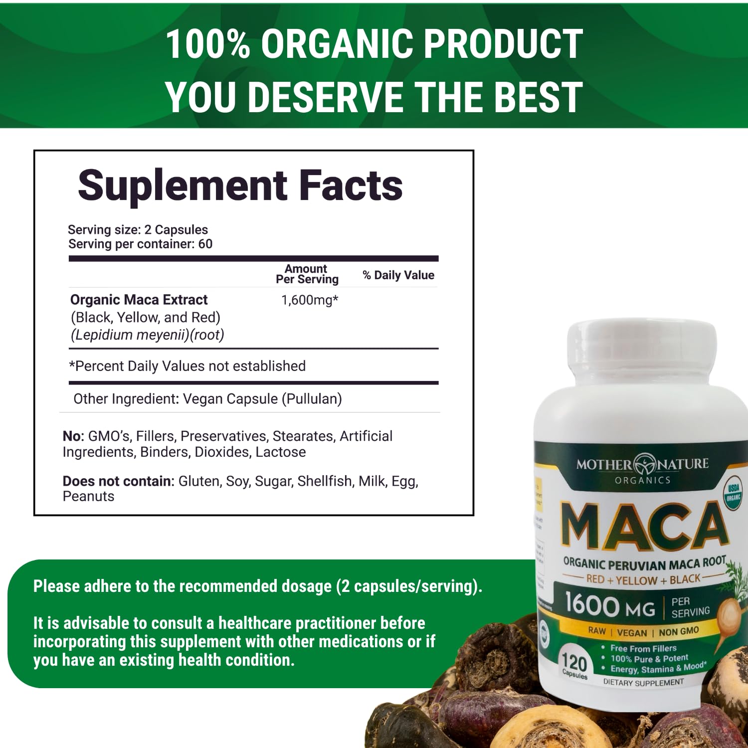 Mother Nature Organic Maca Root Capsules 1600mg – 120 Vegan, Peru Tri-Color Maca