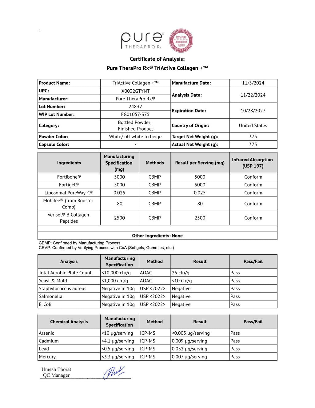 Pure Therapro Rx TriActive Collagen Plus – Unflavored Multi Collagen Powder, 30 Servings