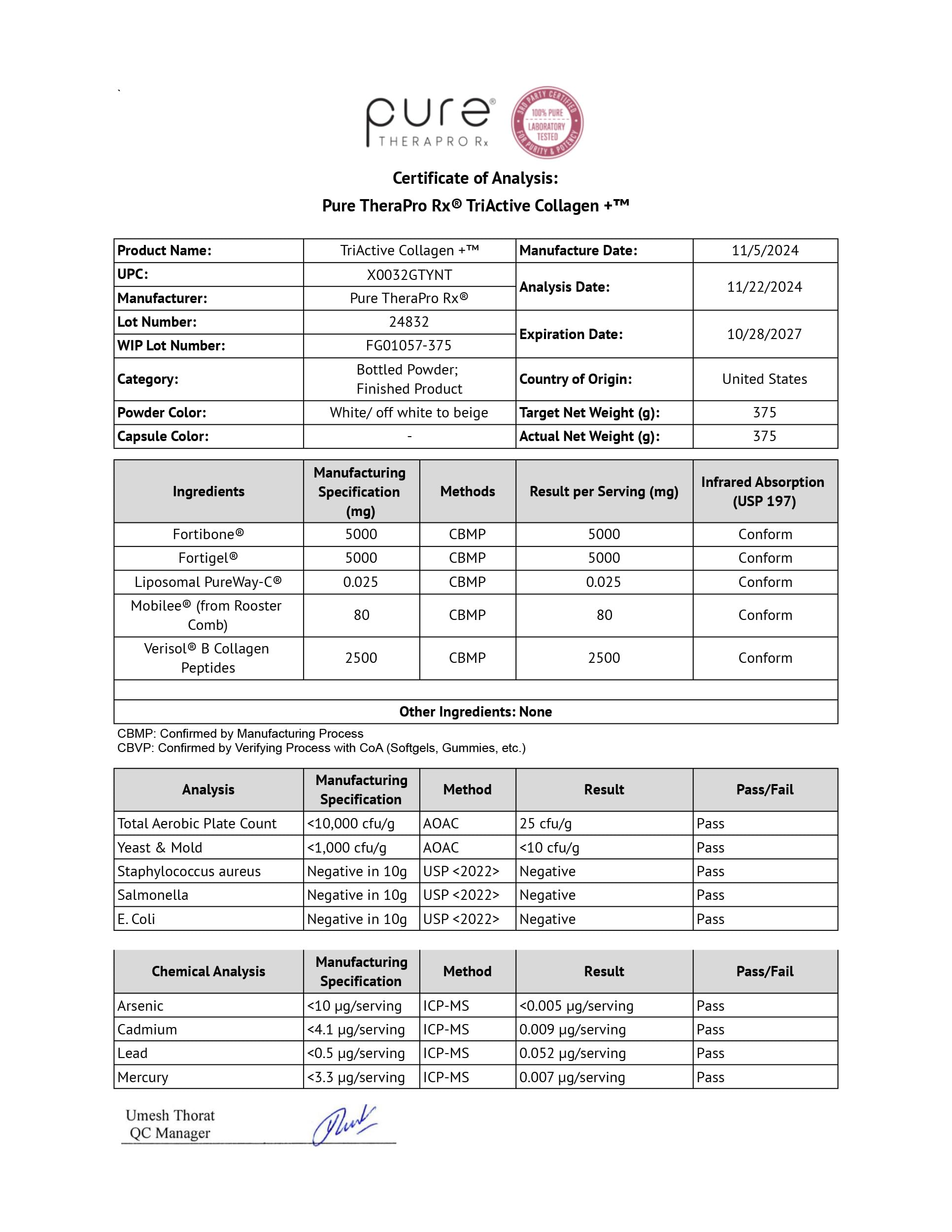Pure Therapro Rx TriActive Collagen Plus – Unflavored Multi Collagen Powder, 30 Servings