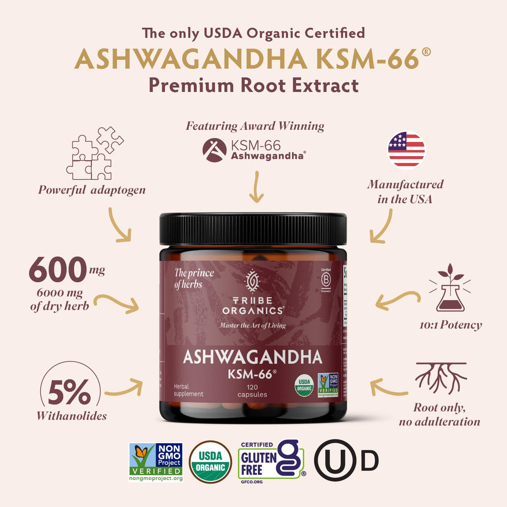 TRIBE ORGANICS Ashwagandha KSM-66 Root Powder – Organic Ayurvedic Supplement