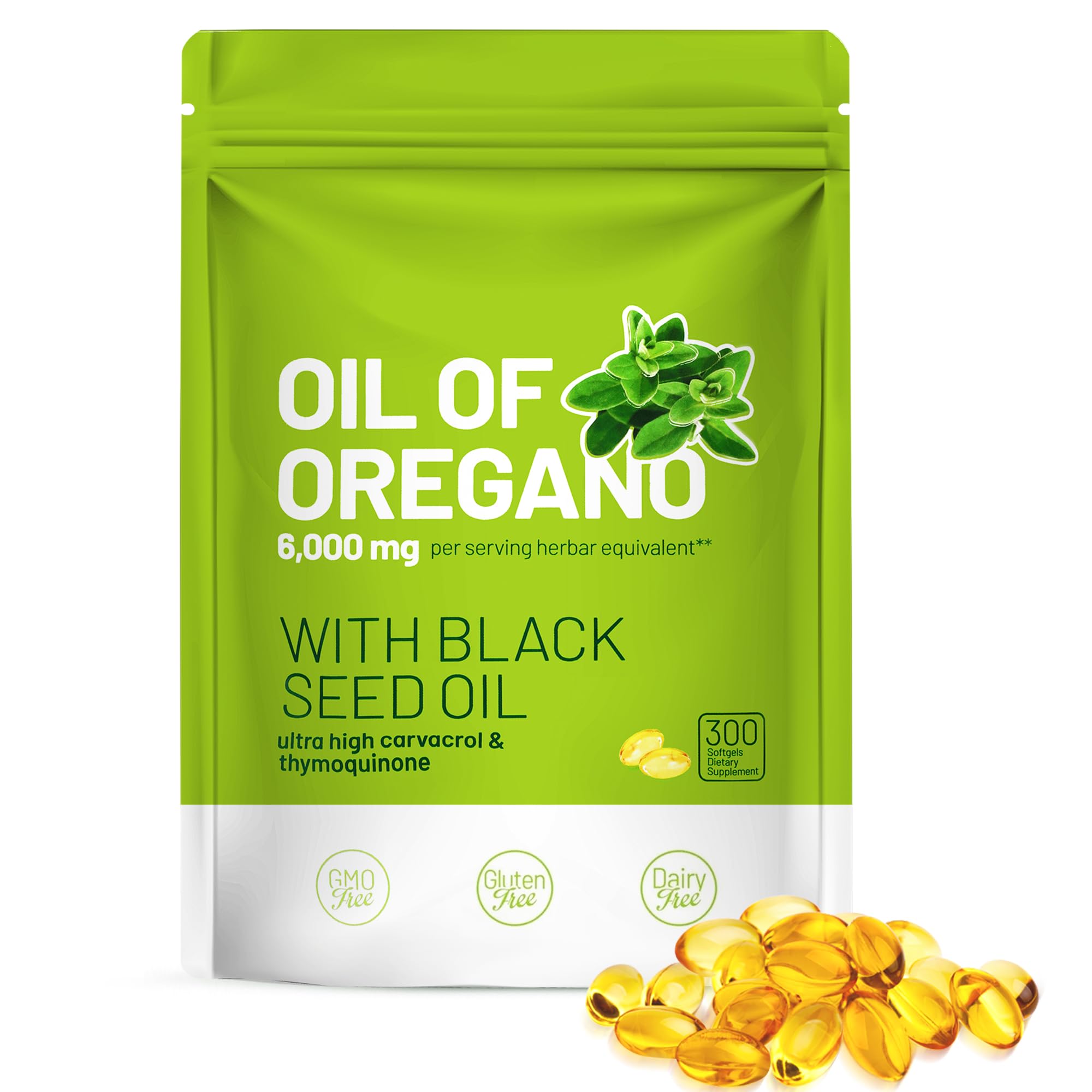 Trihood Oil of Oregano and Black Seed Oil Softgels 300 — Max Strength Carvacrol Thymoquinone Blend | Made in USA