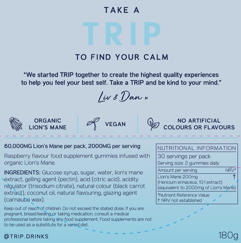 TRIP Raspberry Lion’s Mane Gummies | 2000mg per Serving, Vegan 60 Count