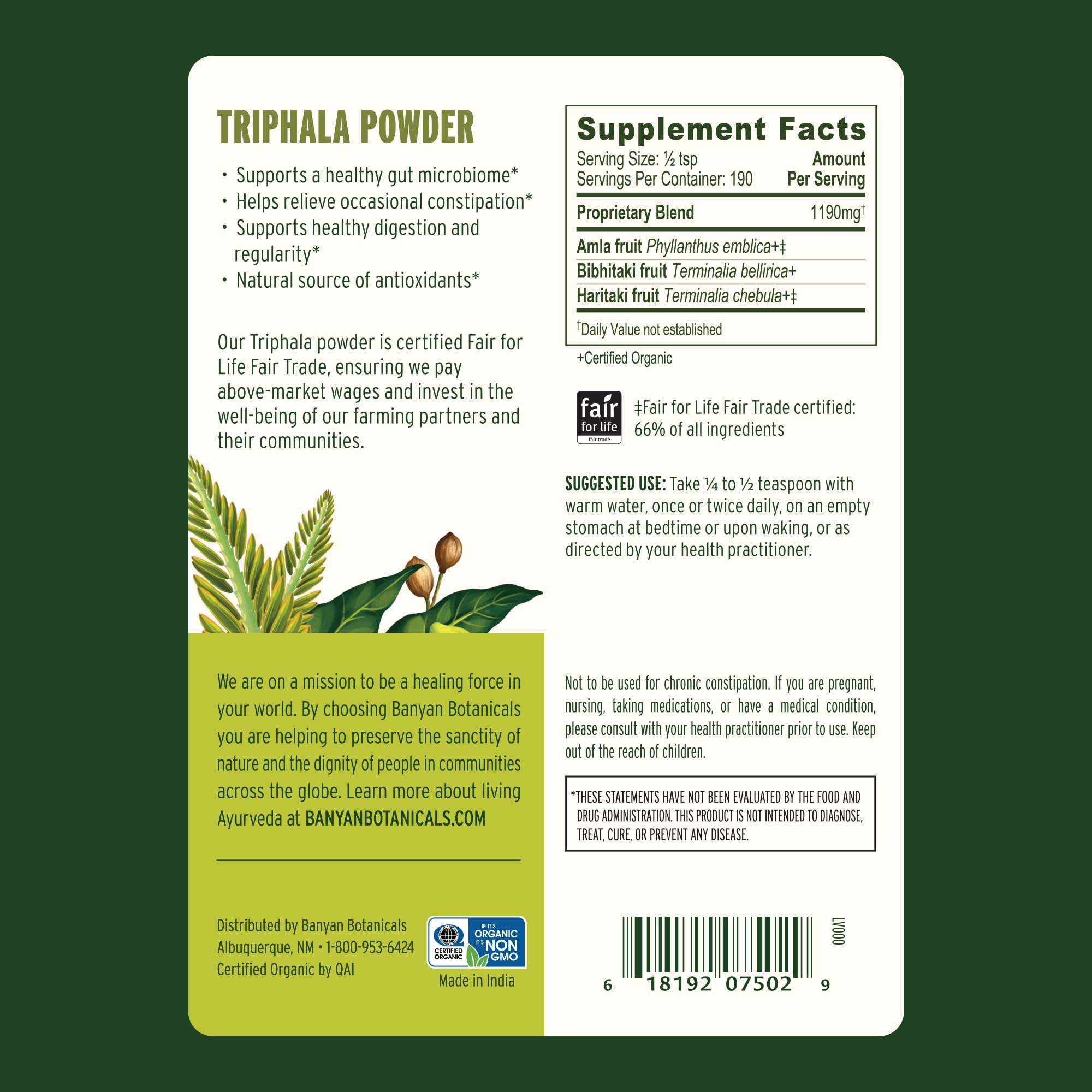 Triphala Powder Organic – Digestive Support | Banyan Botanicals (1/2 lb)