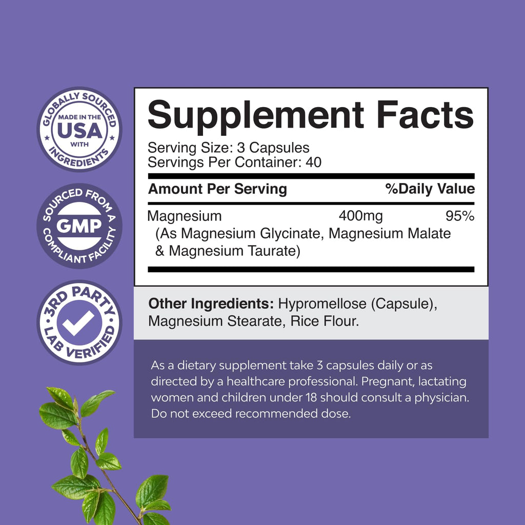 Triple Magnesium Complex 400 mg – High Absorption Glycinate, Malate & Taurate | 120 Count