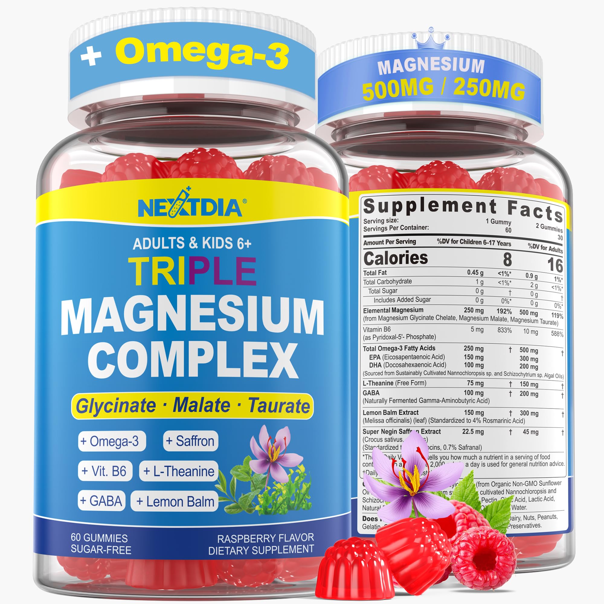 Triple Magnesium Complex Gummies for Adults & Kids 6+ – Sugar Free | Omega-3, Saffron, L-Theanine