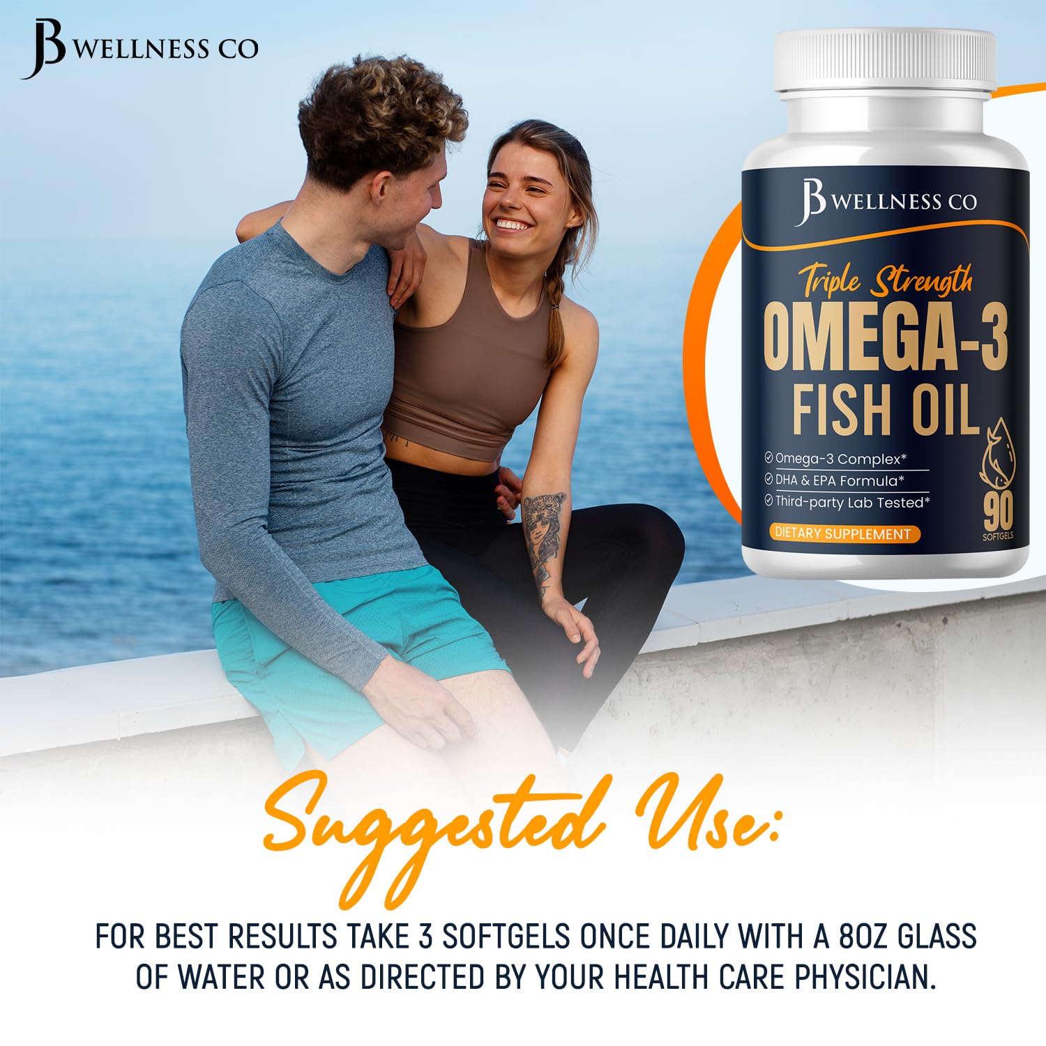 Triple Strength Omega-3 Fish Oil 3750 mg | EPA 1350 mg + DHA 900 mg | Burpless | 180 Count